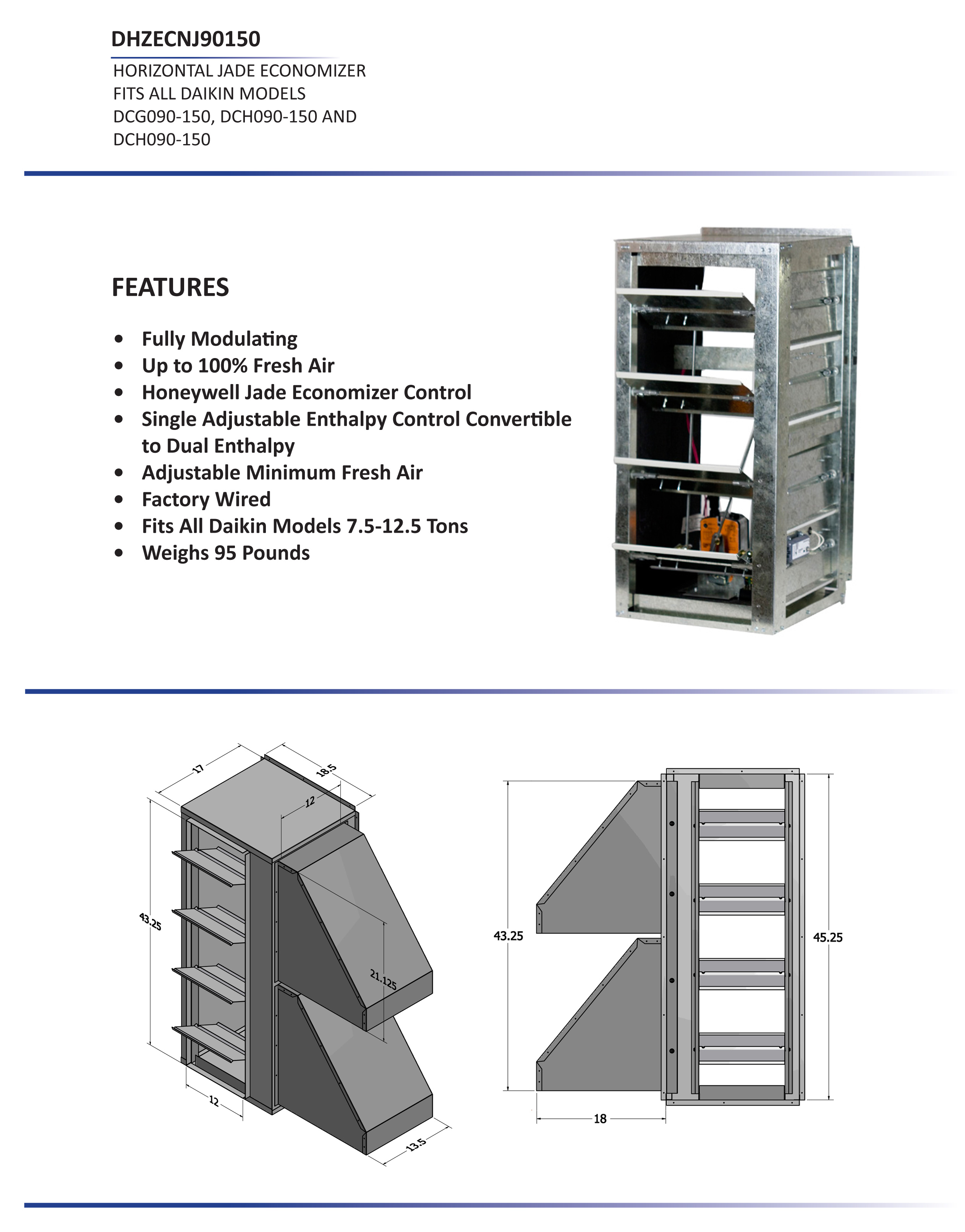 7.5 - 12.5 Ton Daikin Horizontal Economizer DCC, DCG, DCH Models  DHZECNJ90150